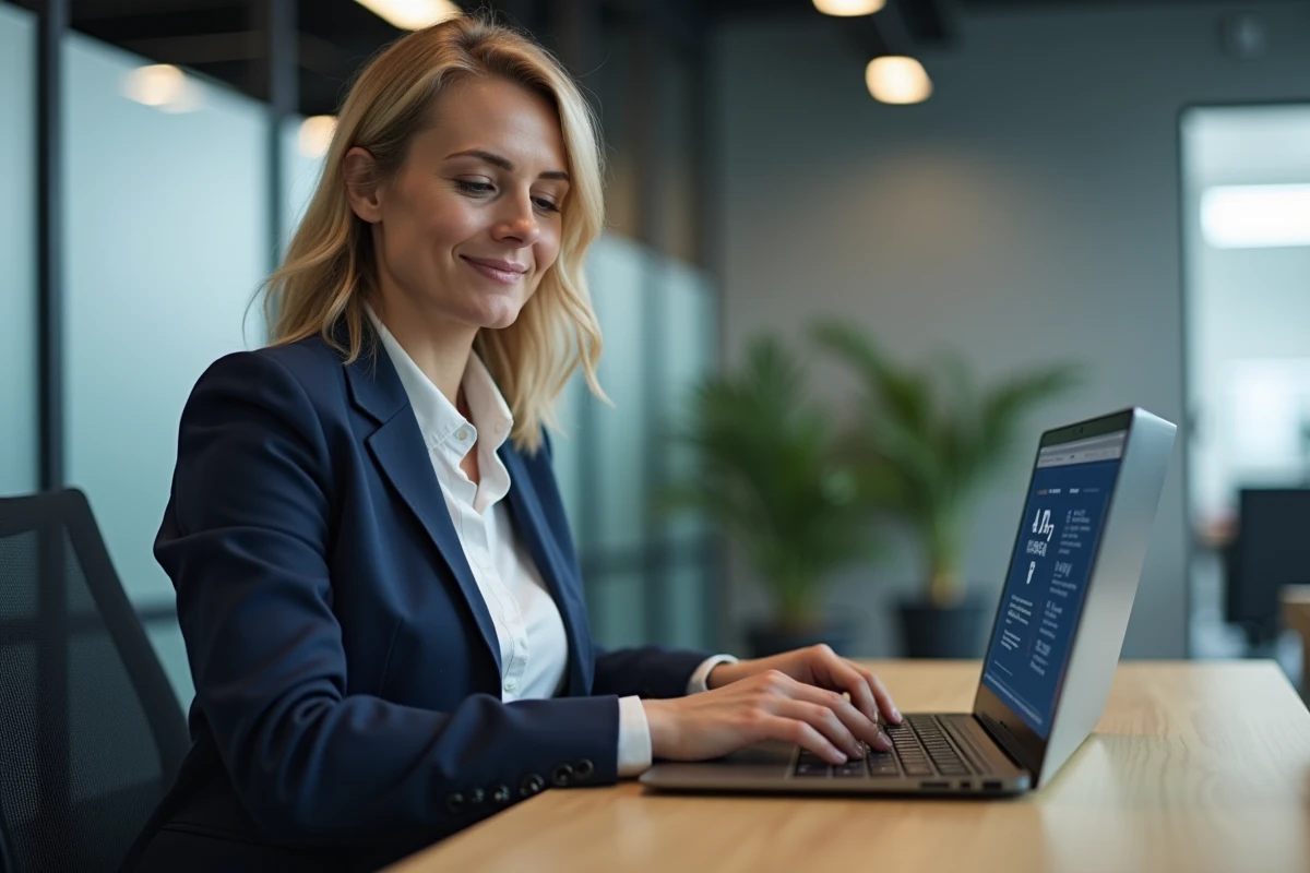 Femme professionnelle sécurisant son compte Arkevia sur un ordinateur portable en entreprise