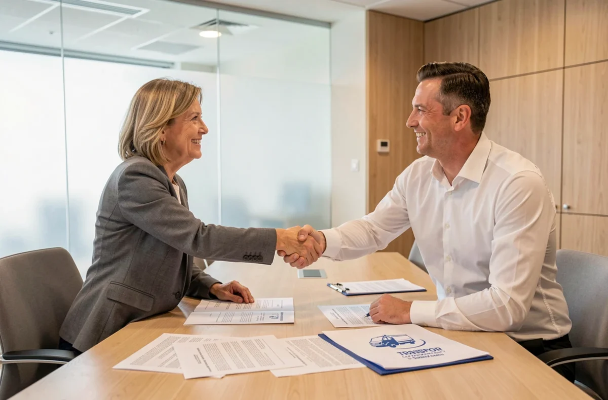 Poignée de main lors de la signature d'un accord de rachat entre deux dirigeants d'entreprises de transport
