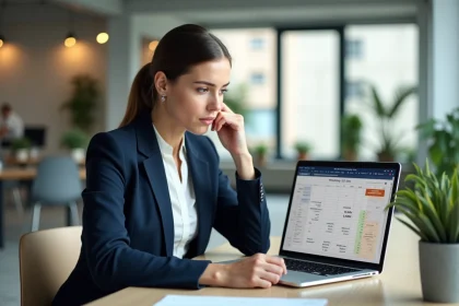 Femme cadre calculant le nombre de jours travaillés en 2026 sur un ordinateur portable avec tableur de simulation de salaire net