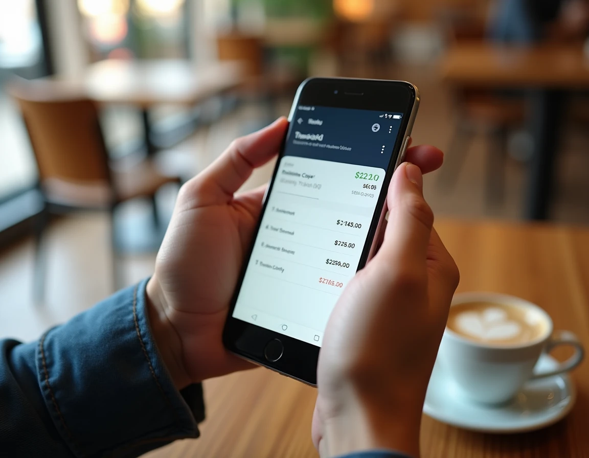 Mains tenant un smartphone affichant un prélèvement suspect Infinite Remit Services sur une application bancaire mobile