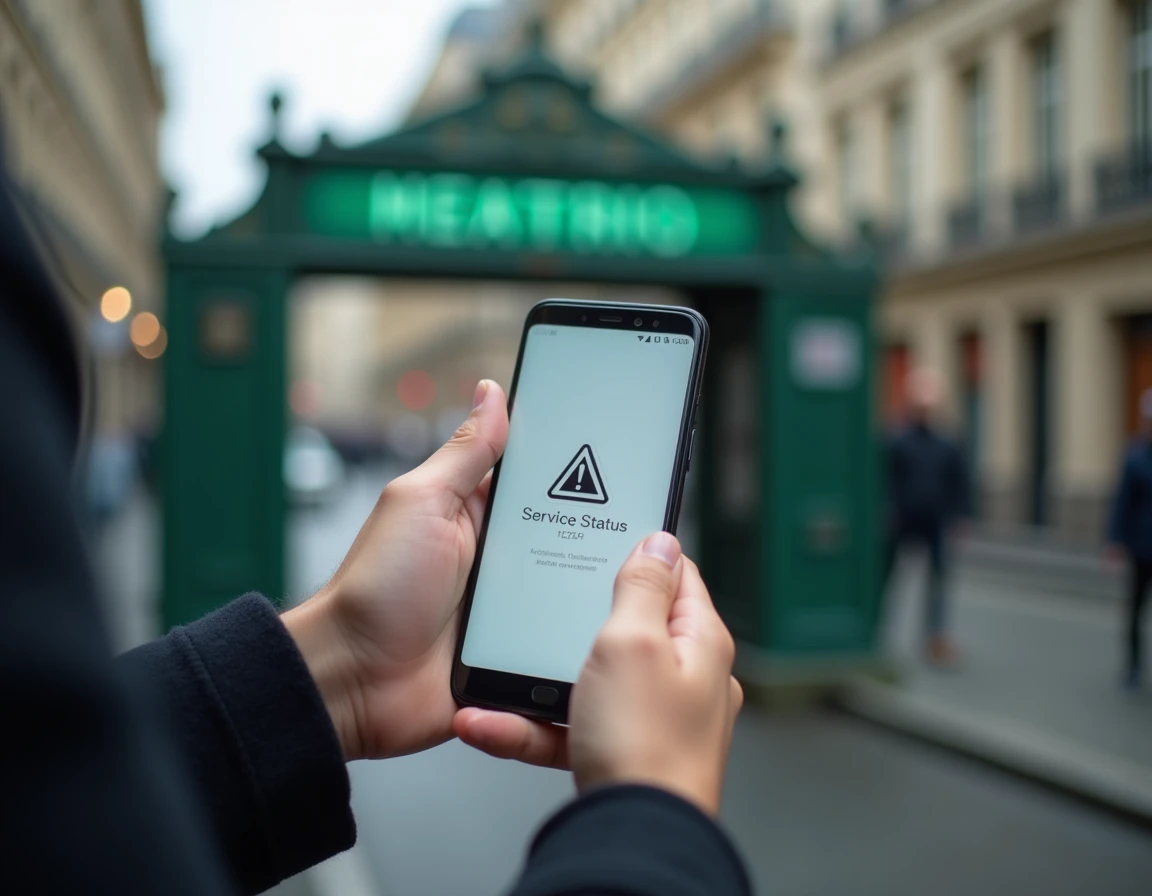 Gros plan d'un smartphone affichant une page de maintenance du service Urbanweb RATP près d'une entrée de métro parisien