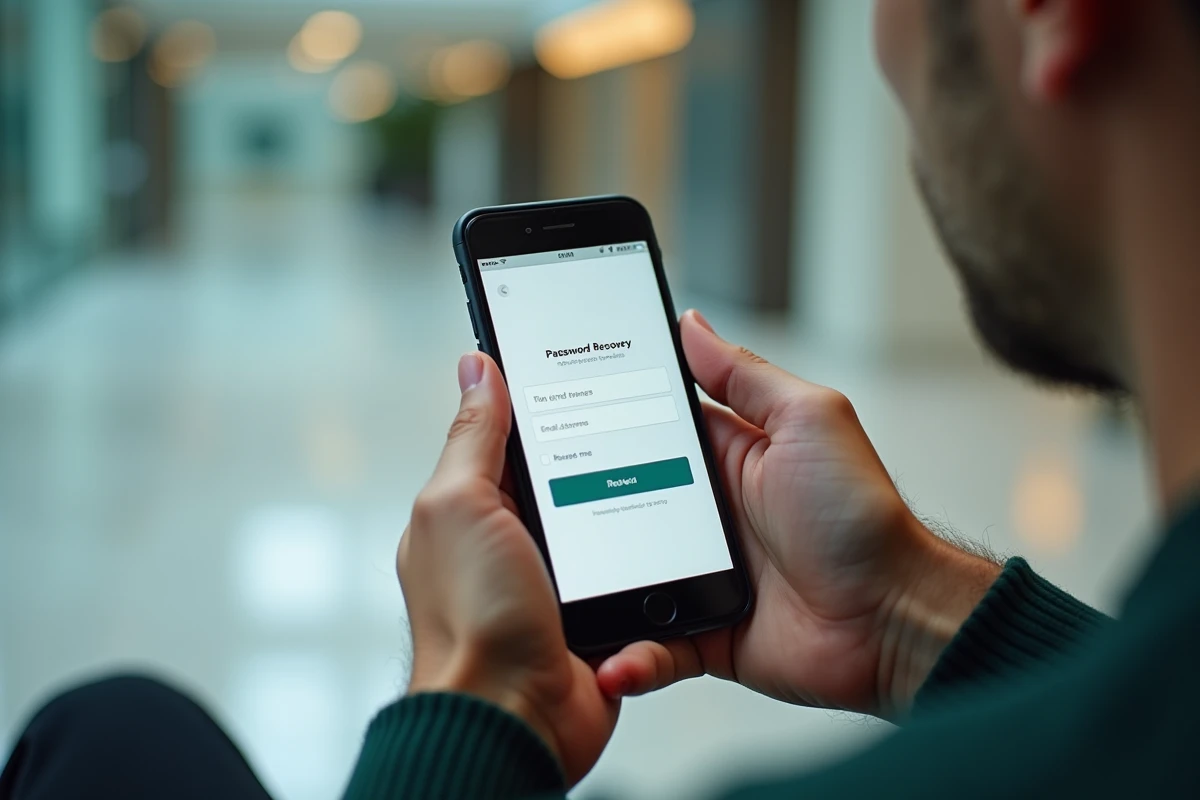Mains tenant un smartphone affichant une page de récupération de mot de passe pour une application Ma Box RH
