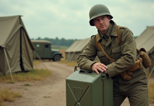 Soldat britannique de la WWII avec jerrycan en extérieur