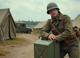 Origine et signification du mot ‘Jerry’ : décryptage de cet argot fréquent Soldat britannique de la WWII avec jerrycan en extérieur