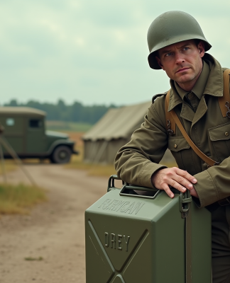 Soldat britannique de la WWII avec jerrycan en extérieur