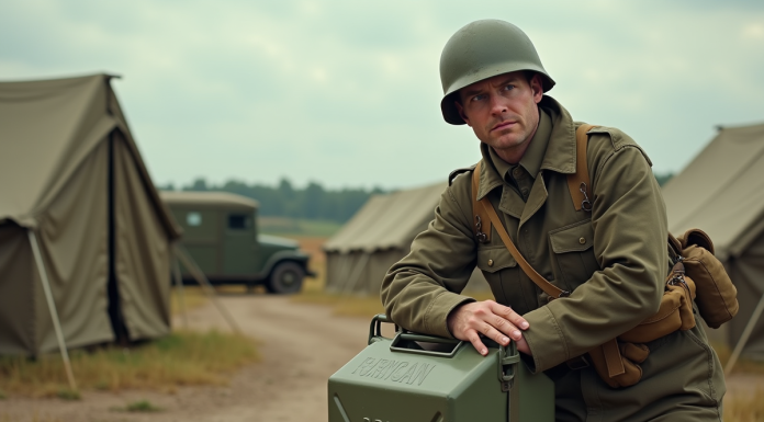 Soldat britannique de la WWII avec jerrycan en extérieur
