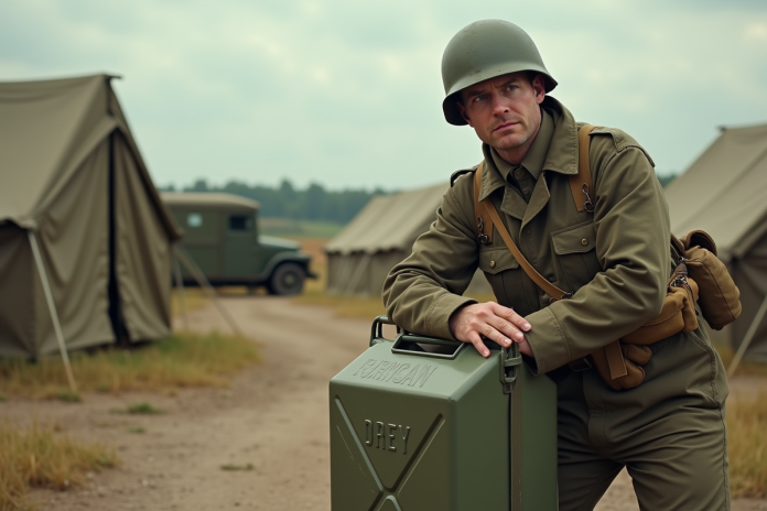 soldat-uk-wwii-jerrycan Soldat britannique de la WWII avec jerrycan en extérieur