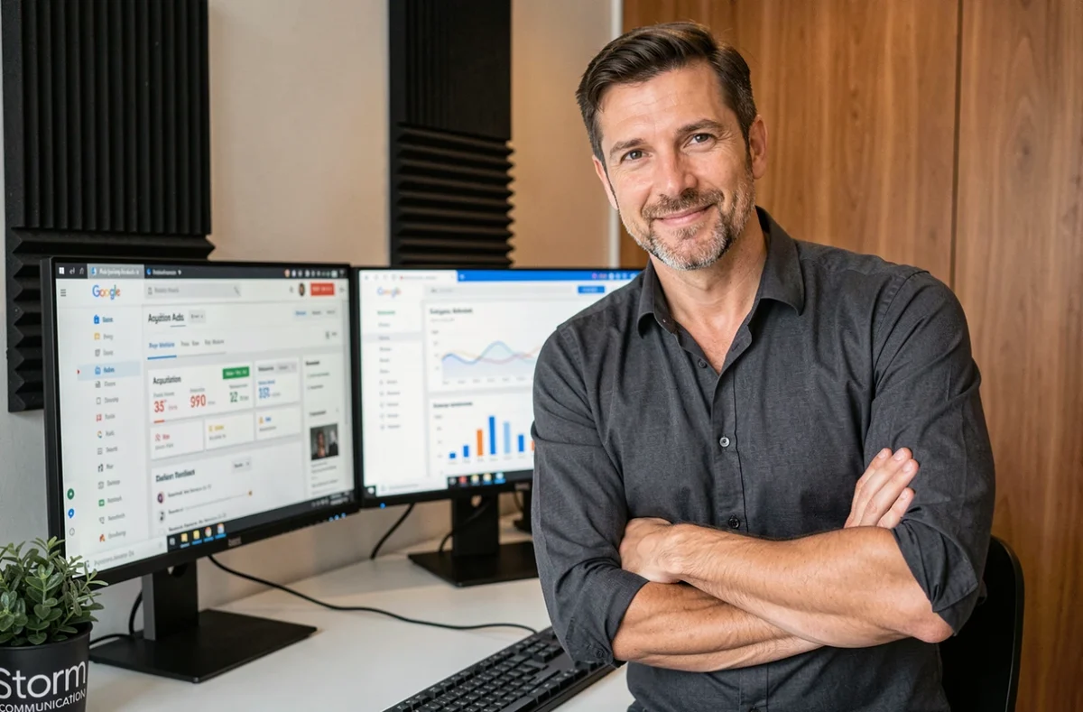 Spécialiste en acquisition digitale de Storm Communication à Marseille devant ses écrans Google Ads et analytics web