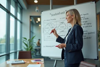 Femme d'affaires analysant une matrice stratégique sur tableau blanc lors d'une session de planification d'entreprise