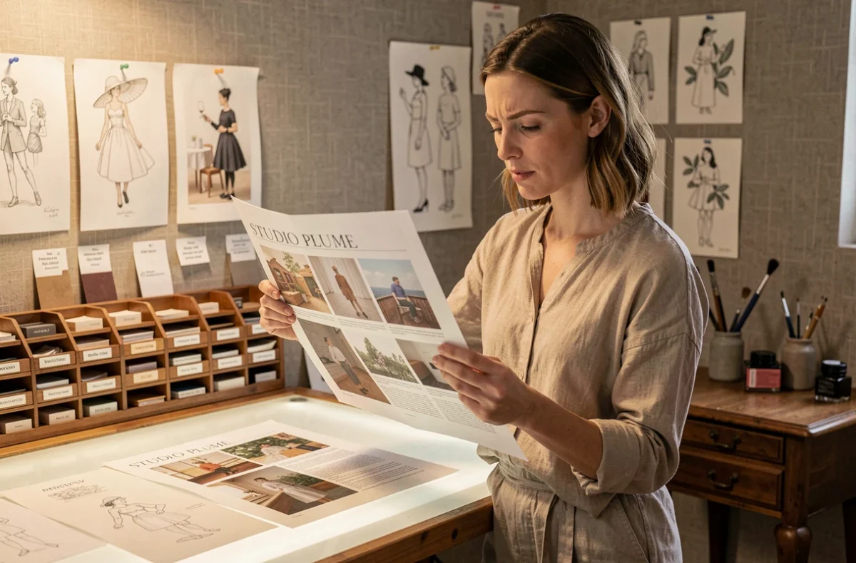 Graphiste de Studio Plume examinant une mise en page éditoriale imprimée sur une table lumineuse dans un studio de design artistique et chaleureux