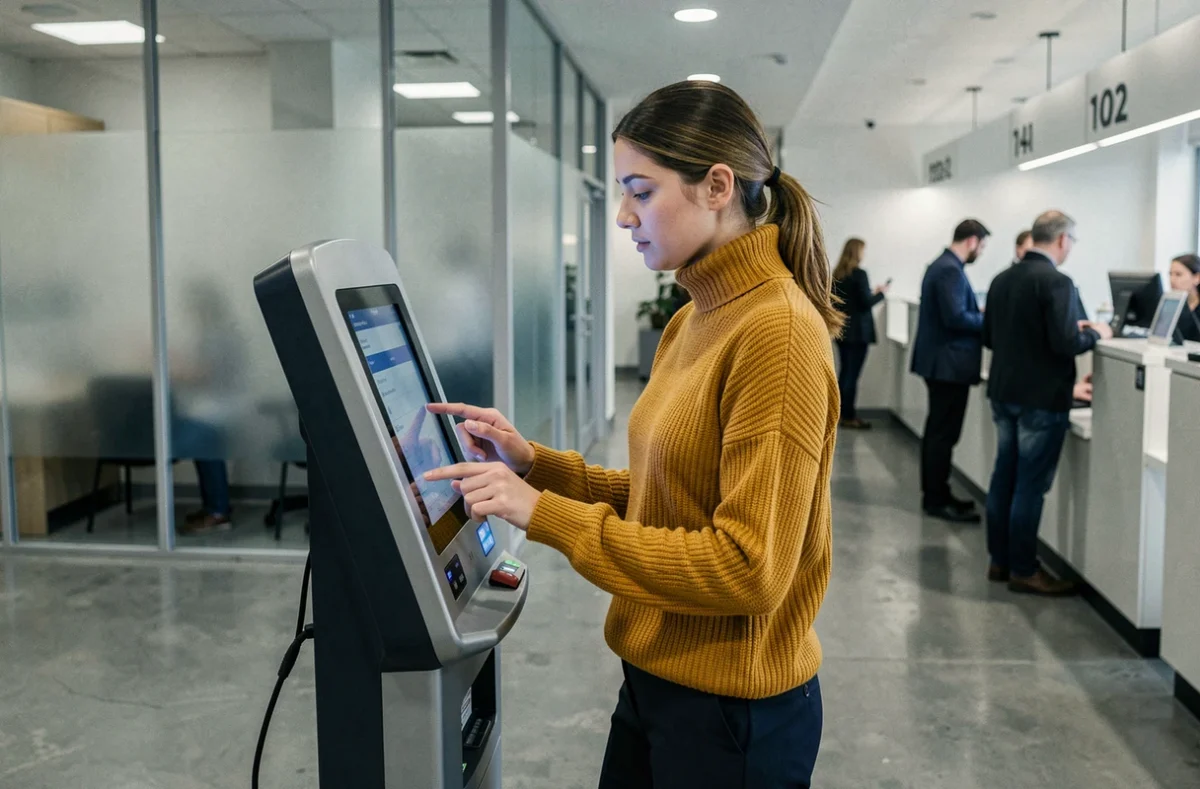 Jeune femme utilisant un kiosque en bureau de poste pour suivre un colis Harness Hub