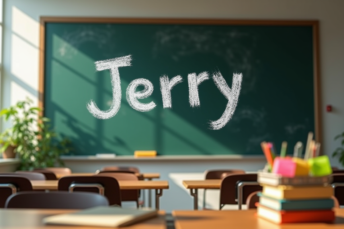 Tableau noir en classe avec le mot Jerry écrit à la craie