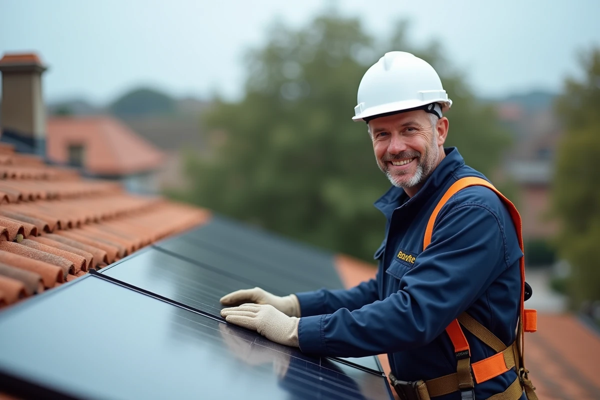 Technicien solaire professionnel inspectant des panneaux photovoltaïques sur un toit de maison individuelle en France