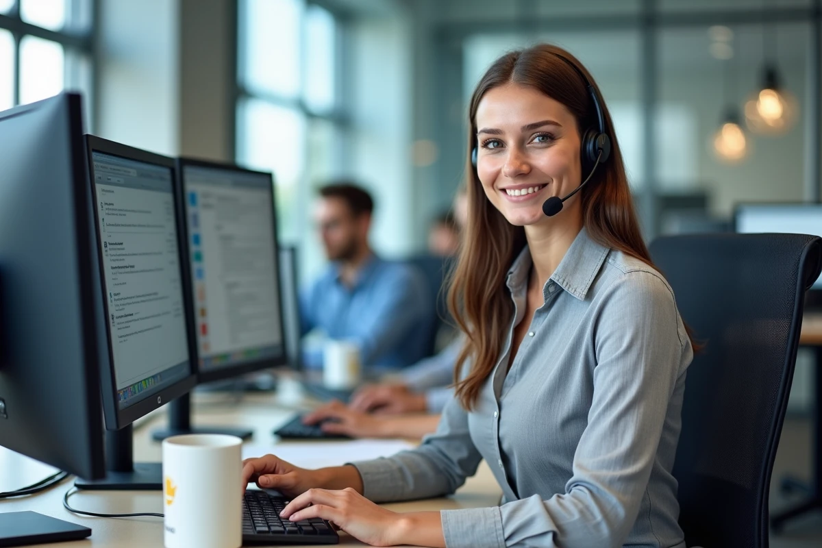 Téléprospectrice avec casque audio travaillant sur un poste informatique en open space professionnel