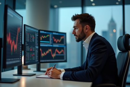 Trader homme en bureau moderne avec écrans financiers