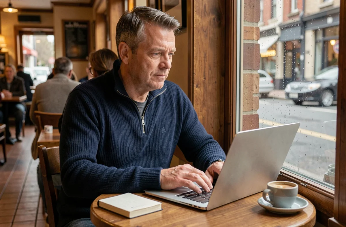 Personne travaillant sur son activité en ligne depuis un café urbain, illustrant la liberté de travailler grâce à un blog de business
