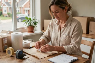 Femme travaillant à domicile en emballage de produits sur une table en bois avec du papier kraft et des cartons