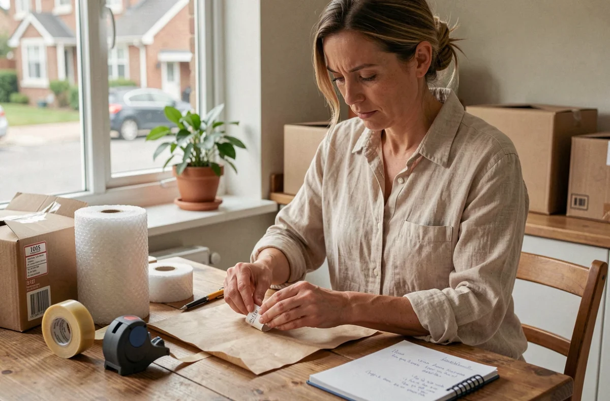 Femme travaillant à domicile en emballage de produits sur une table en bois avec du papier kraft et des cartons