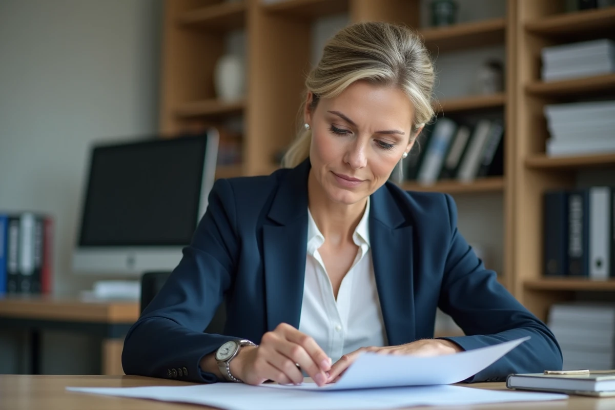 Travailleuse sociale expérimentée examinant des documents de la Convention 66 dans un bureau professionnel du secteur médico-social