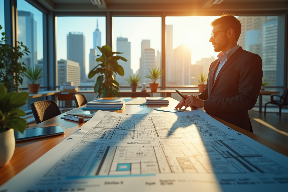 Urbaniste au travail dans un bureau lumineux et moderne