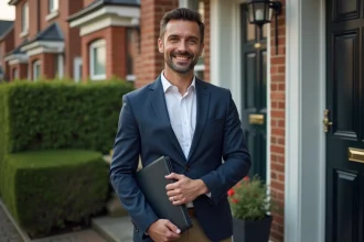 Vendeur porte à porte en costume marine souriant devant une maison résidentielle avec un portfolio professionnel