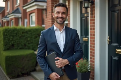 Vendeur porte à porte en costume marine souriant devant une maison résidentielle avec un portfolio professionnel